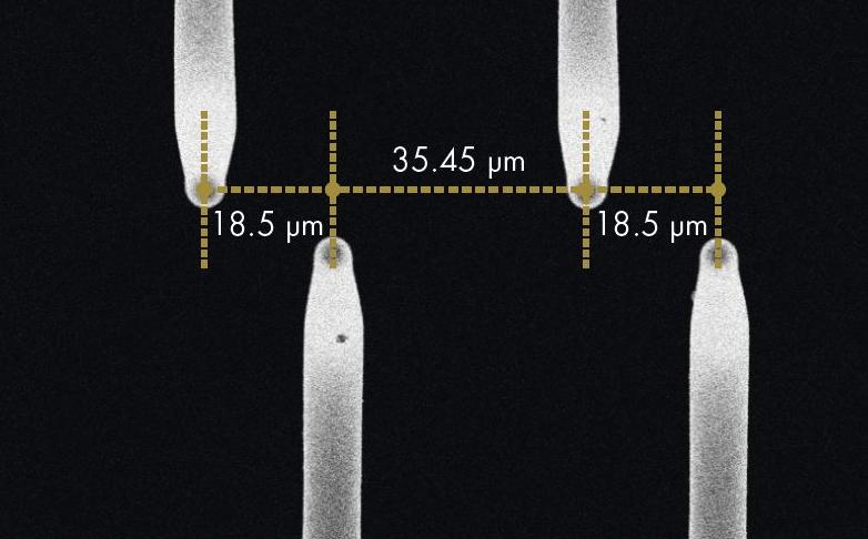 SEM image of Exaddon 3D printed probes with less than 20 micron pitch.