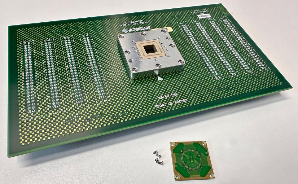 The Exaddon microL64 microLED probe head next to a probe card.