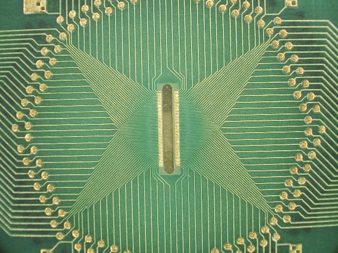 An image of the Exaddon microL64 PCB, showing the fanout pattern and gap for microLED.