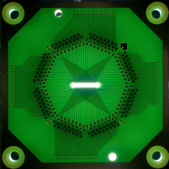 A close up image of the Exaddon microL64 PCB, showing the fanout pattern and gap for microLED.