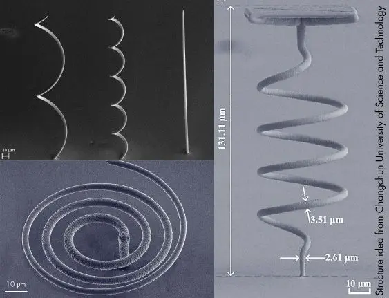 Microcoils of various diameters, some with strand diameter less than 4 microns. 3D printed by Exaddon.