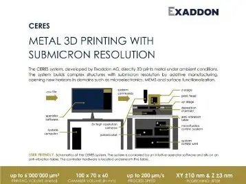 A screenshot of the Exaddon CERES datasheet - metal 3D printing with submicron resolution